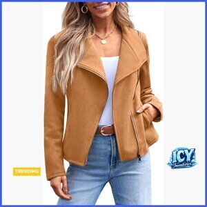 Faux Suede Leather Jacket Cropped Open Front Cardigan Style Coat
